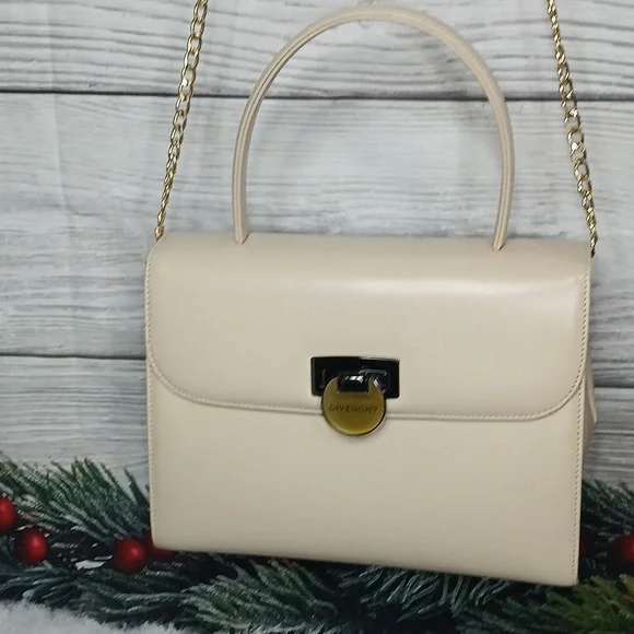 Givenchy Maroquinerie Leather Handbag In Cream Color & Gold Crossbody Chain - Picture 4 of 11